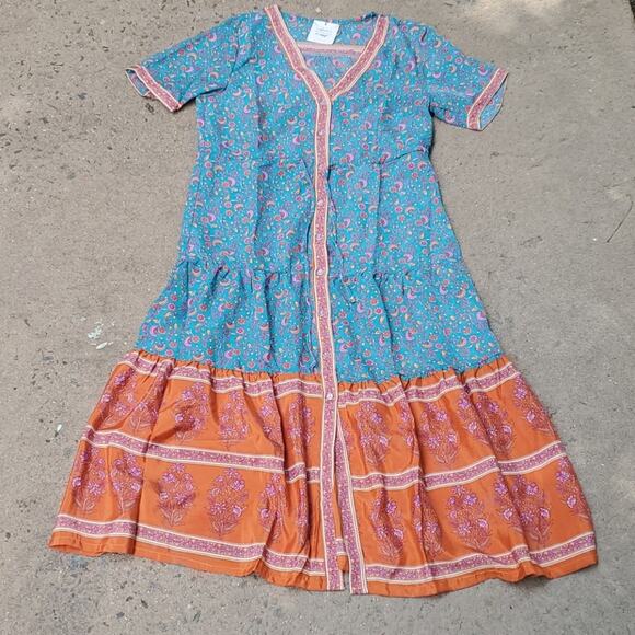 Button up lightweight tiered midi cover up dress colorblock floral multicolor - Picture 8 of 16